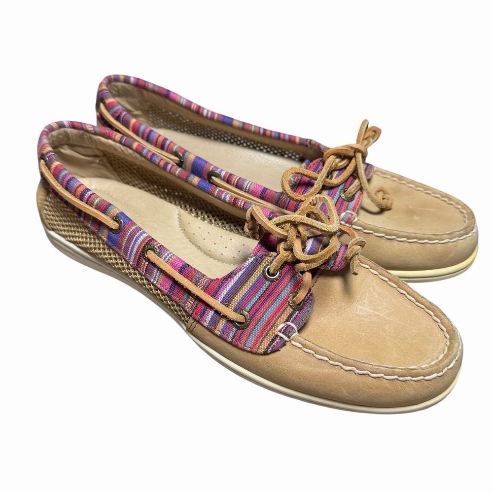 Sperry Top-Sider Firefish Caribbean Stripe Boat Shoes Tan Leather 9M Nautical